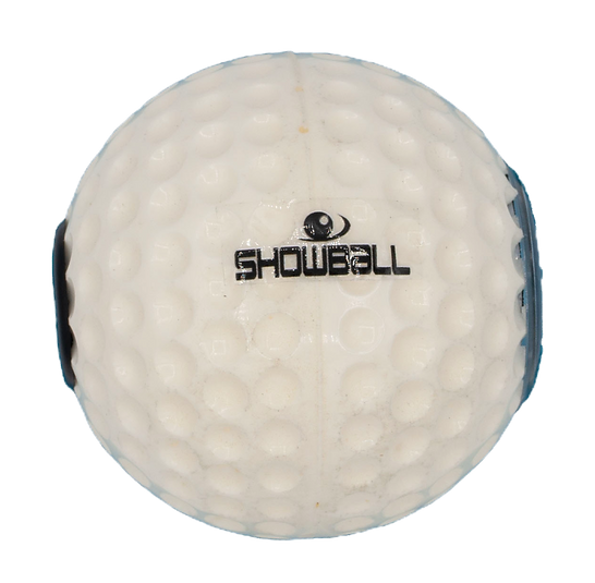Showball-branded golf ball photographed straight on