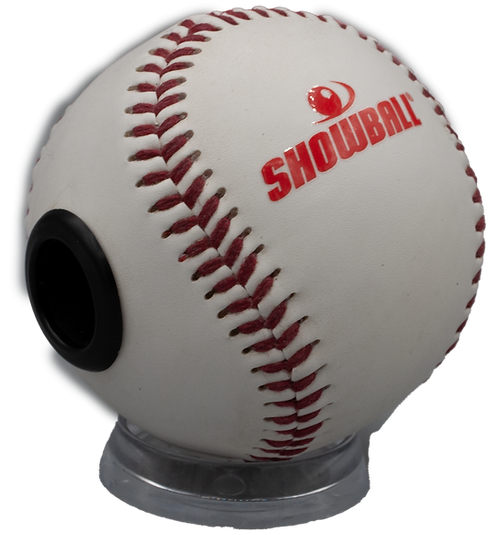 A Showball baseball on a clear display stand, the built-in eyepiece set into the leather