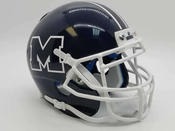 Navy Showball mini speed helmet with a white block M and white facemask