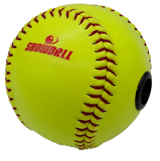 Showball-branded optic yellow softball photographed at an angle, eyepiece visible in the panel
