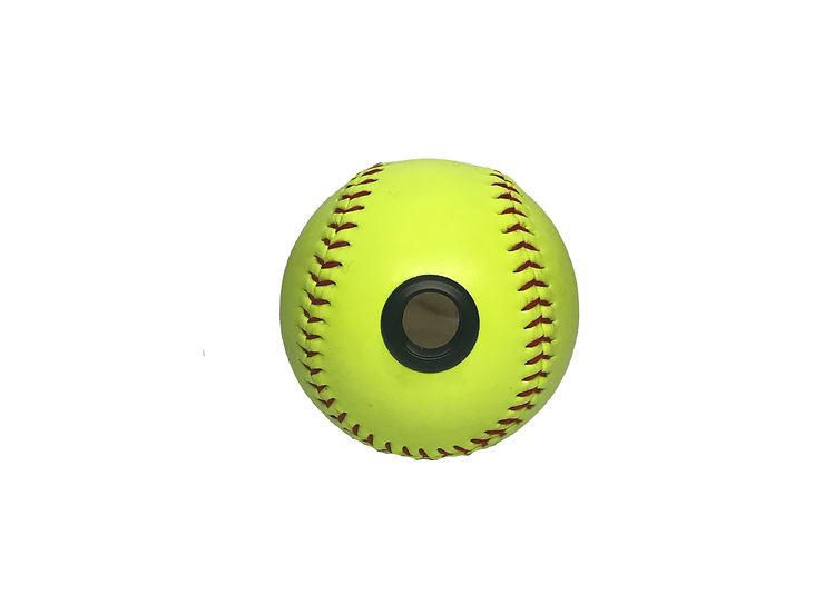 Top-down view of an optic yellow Showball softball with the black eyepiece centered in the shell