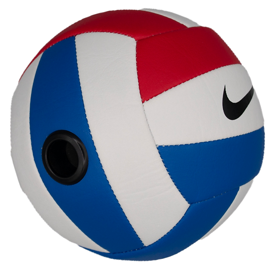 Red, white and blue Nike size 1 mini Showball volleyball with a black eyepiece set into a blue panel