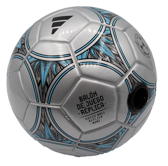 Silver and blue size 1 mini Showball soccer ball with a black eyepiece set into one panel