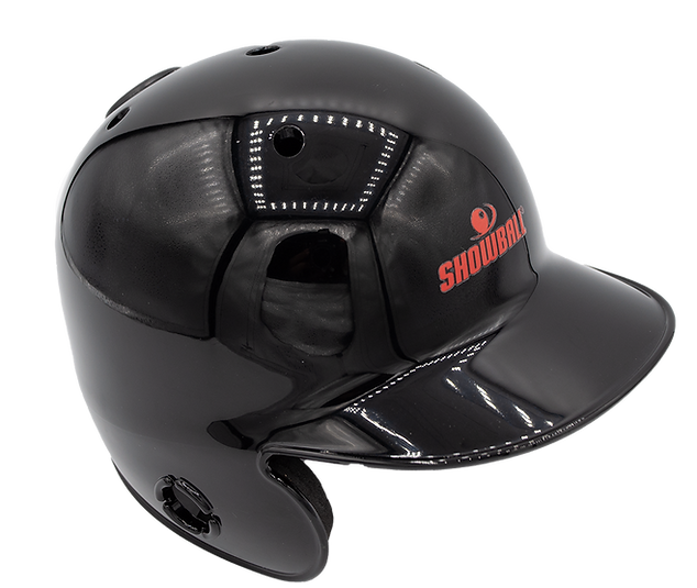 Black Showball mini batting helmet with a photograph visible through the earhole eyepiece