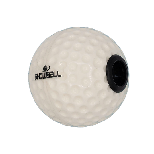 Showball golf ball with the black eyepiece set into the dimpled cover